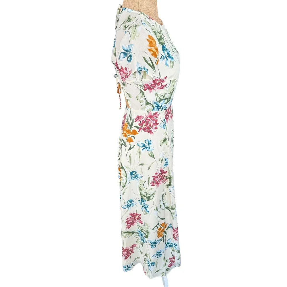 Lulus XS Floral Midi Dress Tie Back Slit‎ Tropical Summer Vacation